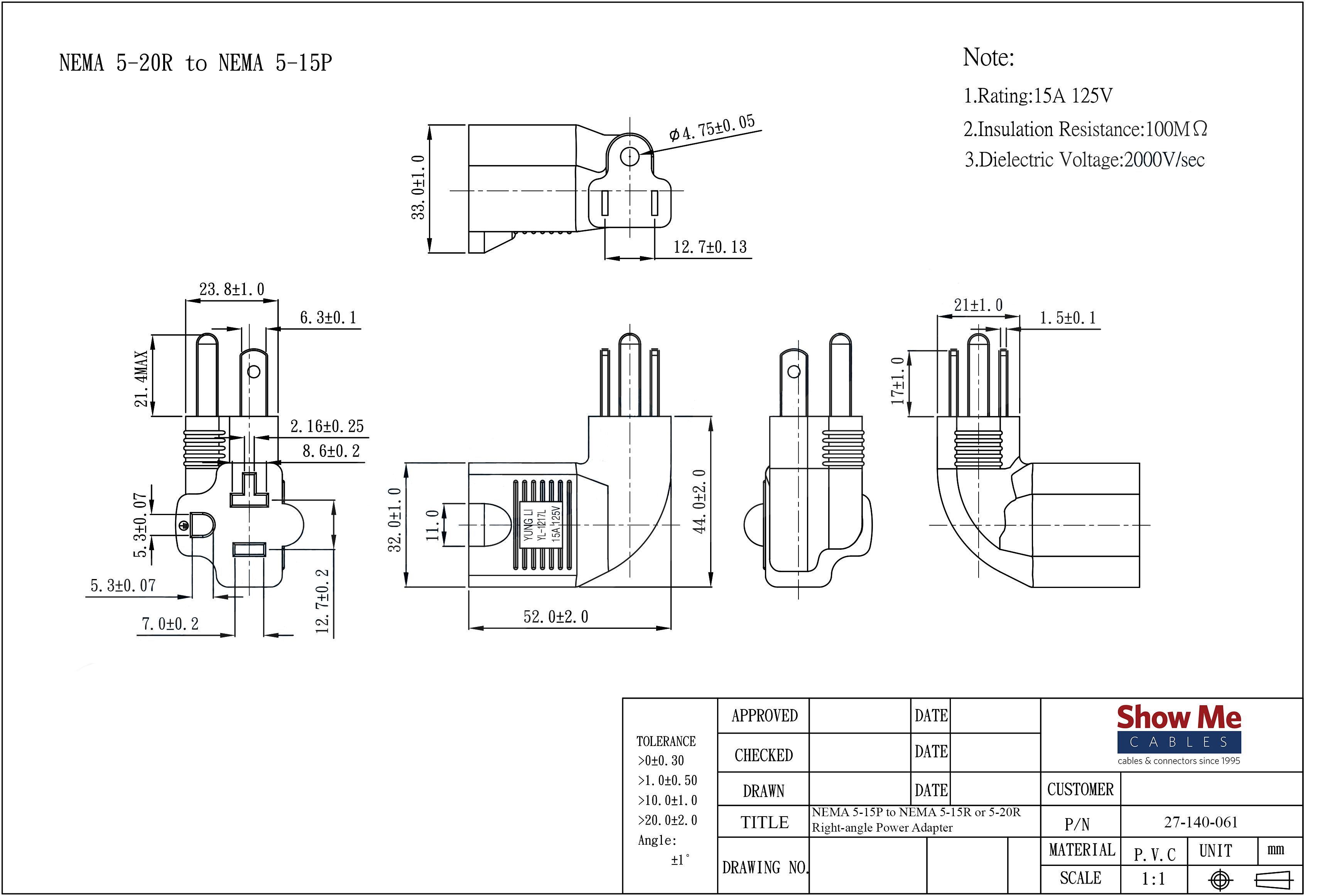 Right-angle Power Adapter NEMA 5-15P to NEMA 5-15R or NEMA ... nema 5 20r wiring diagram 