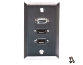 Single Gang Stainless Steel Wall Plate with 2 HDMI F/F and 1 VGA (HD15) F/F