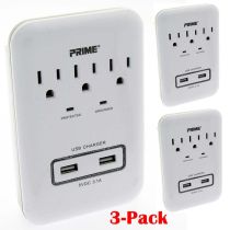 3 Outlet Surge Protected Wall Tap with 2 USB Charging Ports - 3 Pack
