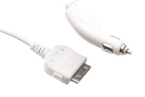 Car Charger with iPod/iPhone 30 Pin Docking Cable - White