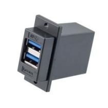 L-com USB 3.0 Double Stack Adapter Coupler, ECF Flange Panel Mount Style, Two A Type Female Jack to Two A Type Female Jack, ABS Housing, Black