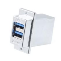 L-com USB 3.0 Double Stack Adapter Coupler, ECF Flange Panel Mount Style, Two A Type Female Jack to Two A Type Female Jack, Chrome Plated Shielded and Grounded ABS Housing, Silver