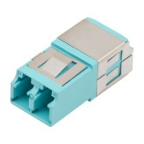 L-com Fiber Coupler, LC/LC Duplex, Translucent Internal Shutter, Vertical Spring, High Density, No Flange, Aqua