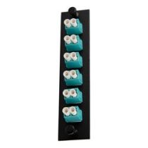 Fiber Sub Panel LC Duplex Multimode OM3 Couplers, 6 count, Bronze Sleeve, Aqua Connector, Black
