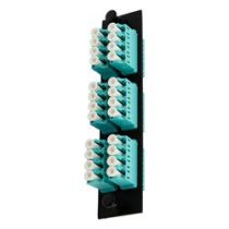 Fiber Sub Panel LC Quad Multimode OM3 Couplers, 6 count, Bronze Sleeve, Aqua Connector, Black
