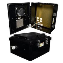 14x12x06 UL® Listed Polycarb Weatherproof NEMA 3R IP24 Enclosure, 120 VAC Mnt Plate, Mechanical Thermostat 85°F Turn on Fan, Black