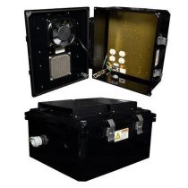 14x12x06 UL® Listed Polycarb Weatherproof NEMA 3R IP24 Enclosure, 120 VAC Mnt Plate, Mechanical Thermostat Fan, Black
