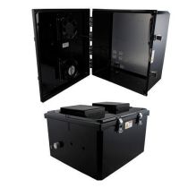 18x16x10 UL® Listed Polycarb Weatherproof NEMA 3R IP24 Enclosure, 120 VAC Mnt Plate, Mechanical Thermostat 85°F Turn on Dual Fan, Black