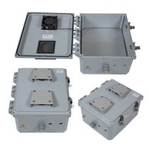 12x10x06 Polycarbonate Weatherproof NEMA 3R IP24 Enclosure, 120 VAC Mount Plate, Mechanical Therm Fan, Dark Gray