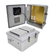 14x12x06 UL® Listed Polycarb Weatherproof NEMA 3R IP24 Enclosure, 120 VAC Mnt Plate, Mechanical Thermostat 85°F Turn on Fan, Dark Gray