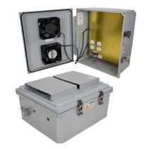 14x12x06 Polycarbonate Weatherproof NEMA 3R IP24 Enclosure, 120 VAC Mount Plate, Solid State Power Saver Controlled Fans, Dark Gray