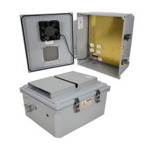 14x12x06 Polycarbonate Weatherproof NEMA 3R IP24 Enclosure, 120 VAC Mount Plate, Mechanical Therm Heat and 85°F Turn on Fan, Dark Gray