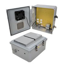 14x12x06 Polycarbonate Weatherproof NEMA 3R IP24 Enclosure, 120 VAC Mount Plate, User Adjustable Therm Heat and Fan, Dark Gray