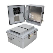 14x12x06 Polycarbonate Weatherproof NEMA 3R IP24 Enclosure, 240 VAC Universal Outlet Mount Plate, Mechanical Therm Fan, Dark Gray