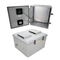 18x16x10 UL® Listed Polycarb Weatherproof NEMA 3R IP24 Enclosure, 120 VAC Mnt Plate, Mechanical Thermostat 85°F Turn on Dual Fan, Dark Gray