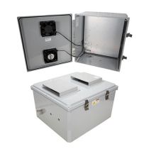 18x16x10 Polycarbonate Weatherproof NEMA 3R IP24 Enclosure, 120 VAC Mount Plate, Mechanical Therm 85°F Turn on Fan, Dark Gray
