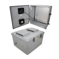 18x16x10 UL® Listed Polycarb Weatherproof NEMA 3R IP24 Enclosure, 120 VAC Mnt Plate, Mechanical Thermostat Dual Fan, Dark Gray