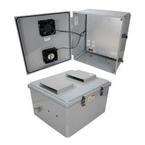 18x16x10 Polycarbonate Weatherproof NEMA 3R IP24 Enclosure, 120 VAC Mount Plate, Mechanical Therm Heat and 85°F Turn on Fan, Dark Gray