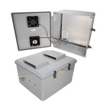 18x16x10 Polycarbonate Weatherproof NEMA 3R IP24 Enclosure, 240 VAC Universal Outlet Mount Plate, Mechanical Therm Fan, Dark Gray