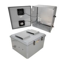18x16x10 Polycarbonate Weatherproof NEMA 3R IP24 Enclosure, 240 VAC Universal Outlet Mount Plate, Mechanical Therm Heat and Fan, Dark Gray