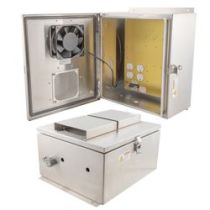 14x12x07 Stainless Steel Weatherproof Outdoor IP24 NEMA 3R Enclosure, 120VAC Mount Plate Mechanical Thermostat 85F Turn on Fan