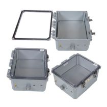 12x10x06 Polycarbonate Weatherproof IP66 NEMA 4X Enclosure, Modified Base, Drilled Mount Clear Lid, Dark Gray