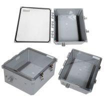 14x12x06 Polycarbonate Weatherproof IP66 NEMA 4X Enclosure, DIN Rail Mount Clear Lid , Dark Gray