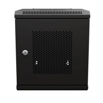 10 Inch 6U Network Cabinet, Perforated, 11.8 inch depth, Black (RAL9005), Wall-Mount, 2x Shelves, 1x Blank Panel Assembled