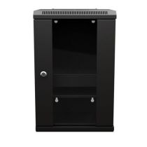 10 Inch 9U Network Cabinet, Glass, 11.8 inch  depth, Black (RAL9005), Wall-Mount, 2x Shelves, 1x Blank Panel Assembled