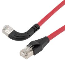 L-Com Ethernet Category 6a 10gig Right Angle Patch Cable, F/UTP Shielded, 26AWG, RJ45 Straight to Left, LSZH, Red