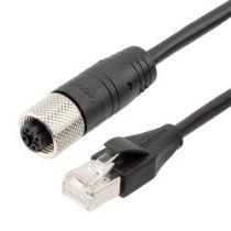 ShowMeCables Category 5e Economy M12 4 Position D code Cable, IP67 M12 Female Jack to RJ45 Male Plug, 26AWG Shielded Outdoor VW-1 PVC Black