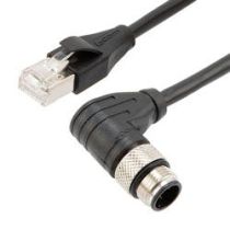 L-com Cat5e Economy M12 4 Position D code Cable, Right Angle IP67 M12 Male Plug to RJ45 Male Plug, 26AWG Shielded Outdoor VW-1 PVC BLK