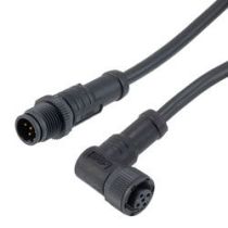 L-com IP69K Waterproof M12 5 Position B-code Sensor Signal Cable, Light Weight Plastic Nut, 22AWG, PVC, Male to Right Angle Female, Black