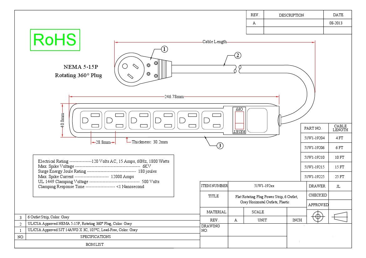 6 Outlet Surge Protector Vertical Outlets 10 Feet
